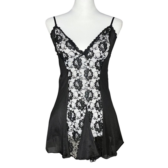 80s 90s Vintage Black Faux Teddy Sheer Lace Slip Dress. Small. Gothic Whimsigoth - Picture 1 of 9